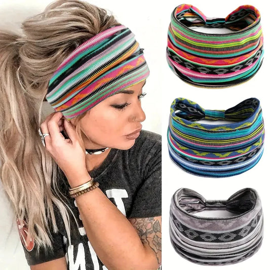 1 Pcs European American Women'S Bohemian Style Elastic Headscarf Fashionable Breathable Cotton Wide Brimmed Hair Accessories